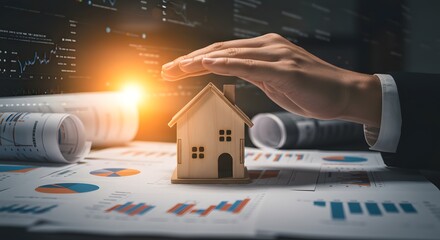 Business Hand Protecting Wooden House Model Over Financial Charts