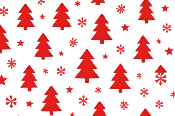 Festive holiday season pattern with red christmas tree, snowflake, and star icons on a transparent background