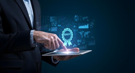 Business man using tablet with holographic interface showing quality control and analytics dashboard