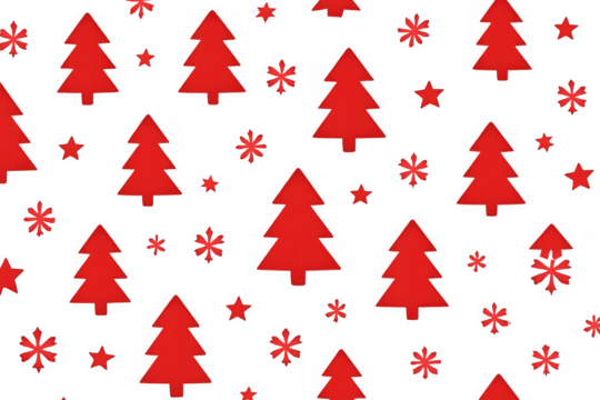 Festive holiday season pattern with red christmas tree, snowflake, and star icons on a transparent background
