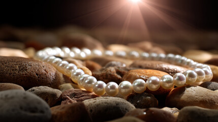 Beautiful pearl necklace rests elegantly on bed of smooth, colorful stones, illuminated by soft light that enhances its luster and charm. scene evokes sense of luxury and natural beauty