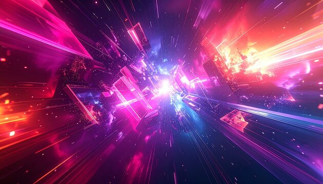 A vibrant, colorful abstract tunnel of light, showcasing geometric shapes and dynamic energy, bathed in hues of pink, purple, orange, and blue