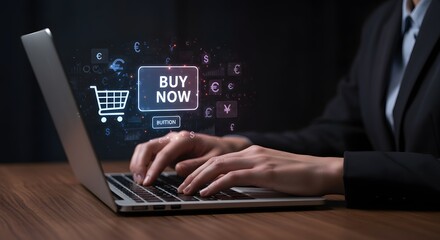 Business Person Using Laptop for Online Shopping with 'Buy Now' Button and Currency Symbols