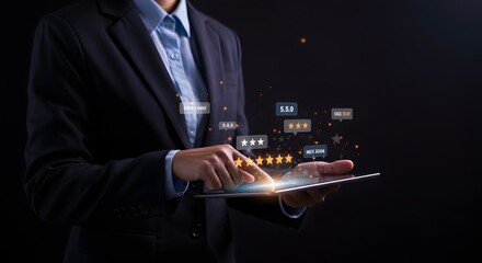 Business Person Using Tablet with Star Ratings and Feedback Bubbles