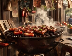 BBQ grill with banners at the top, clear open space at the bottom for text or s.