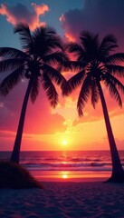Silhouetted palms at sunset, tranquil beach scene , coconut, tropical, travel