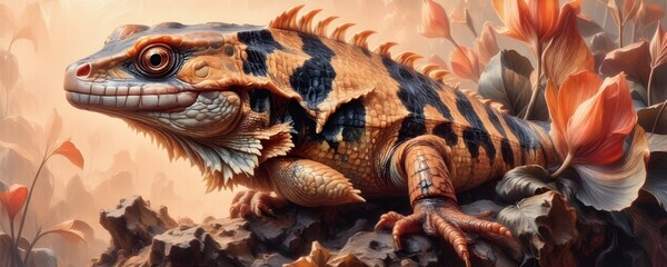 Fototapeta premium Whimsical fish lizard hybrid illustration, subject at top, clear copy space below, striking black and white with sunny peach tones, emphasizing creativity and bold positioning for use.
