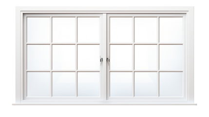 Glass window pane design showing clear transparent surface, architectural home element, building interior structure frame isolated on white background