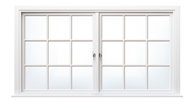 Glass window pane design showing clear transparent surface, architectural home element, building interior structure frame isolated on white background