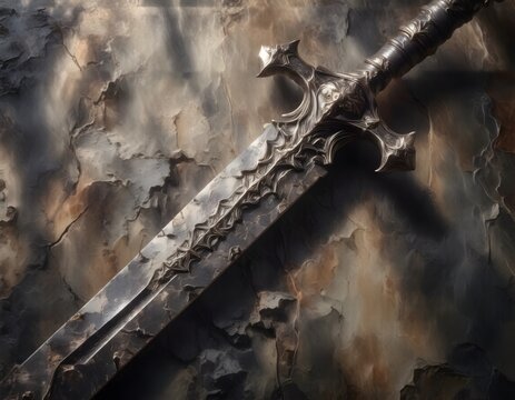 Rustic bronze sword with intricate detailing, silver tones, dappled light, subject on left, ample copy space on right, clear positioning, optimized for photo.