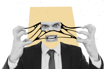 Creative collage image aggressive outraged irritated businessman face fragments eyes mouth caricature nervous psycho work trouble