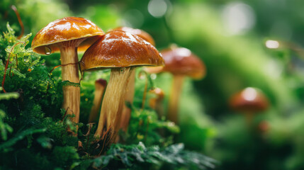 Fototapeta premium Lush green forest floor features vibrant mushrooms with glossy caps, surrounded by rich moss and ferns, creating serene and enchanting atmosphere