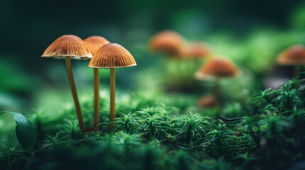 Fototapeta premium Mushrooms grow on lush green moss, showcasing their delicate caps and slender stems. serene forest background enhances natural beauty, creating tranquil atmosphere