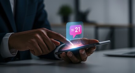 Business professional checking smartphone notifications, social media engagement indicator