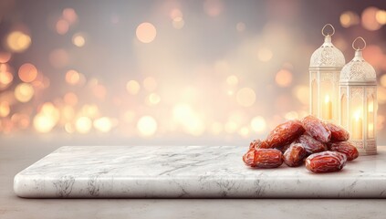 A presentation of dates atop a polished white marble surface, illuminated by warm light and decorative lanterns, creates a serene and festive atmosphere.