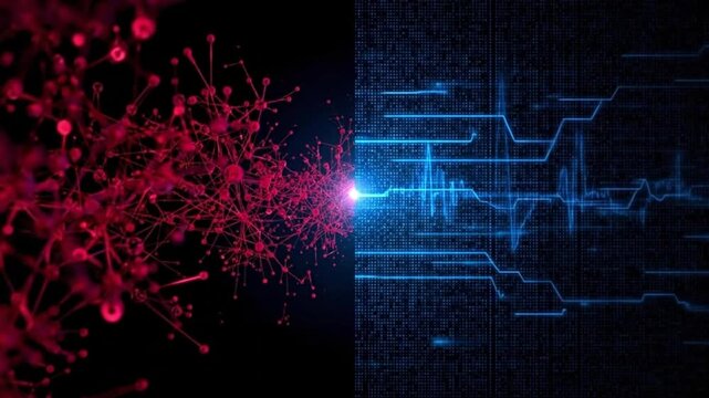 An animation showing a red neural network connecting to a blue digital heartbeat line.