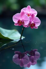 Submerged orchid stem and blossoms reflected in clear water, bright, art, orchid