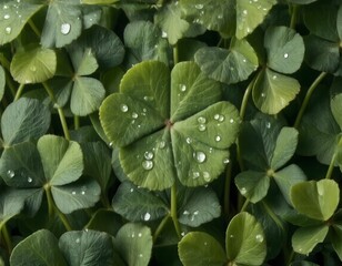 Red four leaf clover on dark green clovers with water drops, positioned on the left, ample copy space on the right for photo.