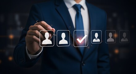 Business professional selecting a candidate from profile icons on a digital interface