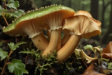 Fototapeta premium Vibrant green and orange mushroom on black background, positioned on the left with ample copy space on the right, warm ivory tones, studio lighting, clear subject focus, optimized for photo.