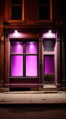 Purple lit store front at night