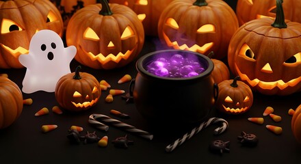 Eerie Halloween Scene with Pumpkins, Ghost, and Witch's Brew