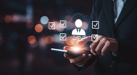 Business Professional Using Smartphone with Digital Interface for Task Management and User Selection