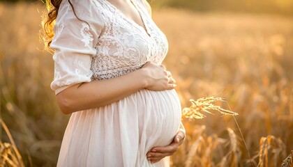 Pregnant woman in a flowing white dress in a golden field