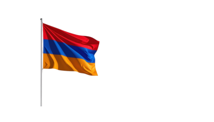 A vibrant depiction of the Armenian flag, billowing majestically against a stark black backdrop, showcasing its rich colors and flowing fabric.