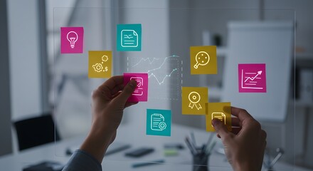 Business Strategy and Planning with Icons on Glass Board