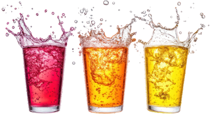 Three colorful drinks splashing in glasses isolated on transparent background