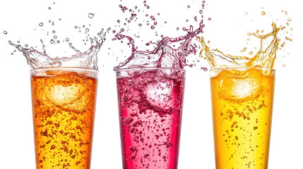 Three colorful drinks splashing with ice cubes isolated on transparent background