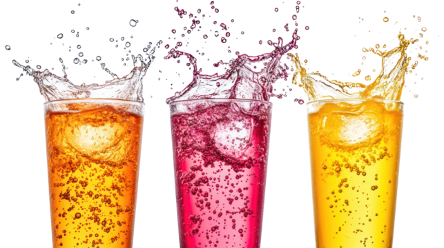 Three colorful drinks splashing with ice cubes isolated on transparent background