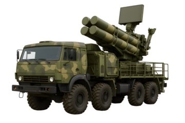 Camouflaged Military Truck with Air Defense Missile System Transparent PNG