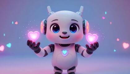 a cute cartoon robot holds glowing hearts