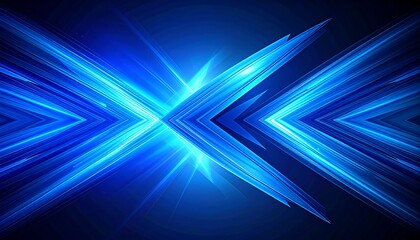 A symmetrical abstract design features sharp, angular blue lines radiating outwards from the center on a dark, graduated background