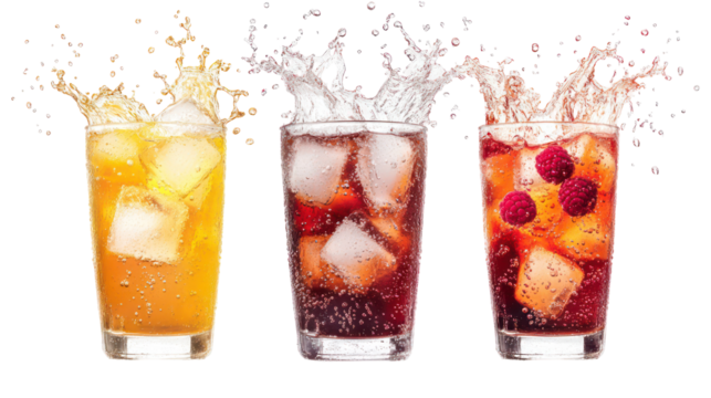 Three refreshing fruit drinks with splashes isolated on transparent background