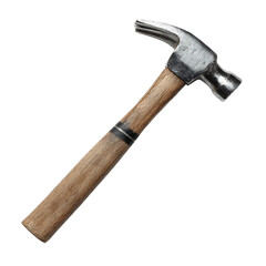 A sturdy metal claw hammer with a wooden handle tool for construction and repair jobs isolated against a transparent background