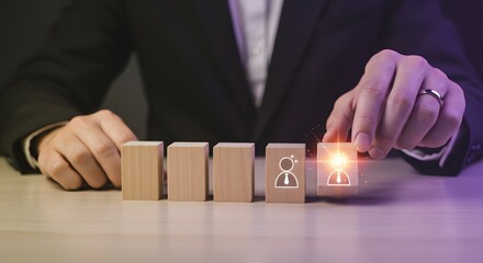 Business Team Selection - Hand Picks Top Talent with Wooden Blocks and Icon