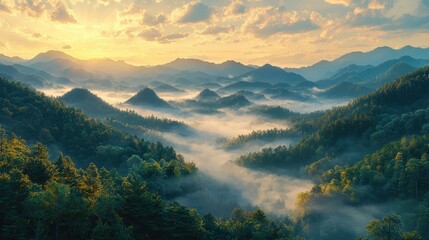 Sunrise over Misty Mountain Range with Lush Forests and Rolling Hills in a Remote Natural Landscape