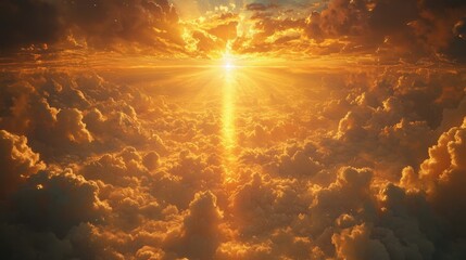 Majestic sunrise over golden clouds with warm orange and yellow tones creating a serene and inspiring atmosphere in the sky