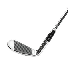 A close - up shot showcases the sleek and detailed design of a golf club Chrome finish and the clubface with grooves are clearly visible