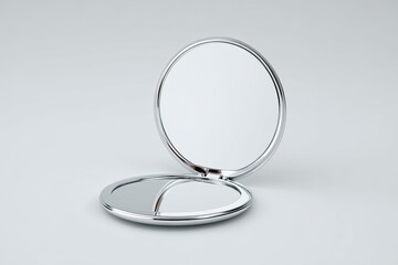 Silver Compact Mirror Open with Reflective Surface on White Background