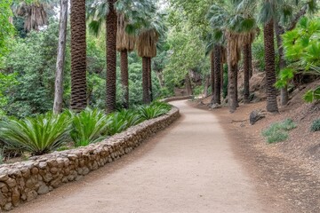 Winding path through a lush, palm-filled garden.  Stone walls line the walkway