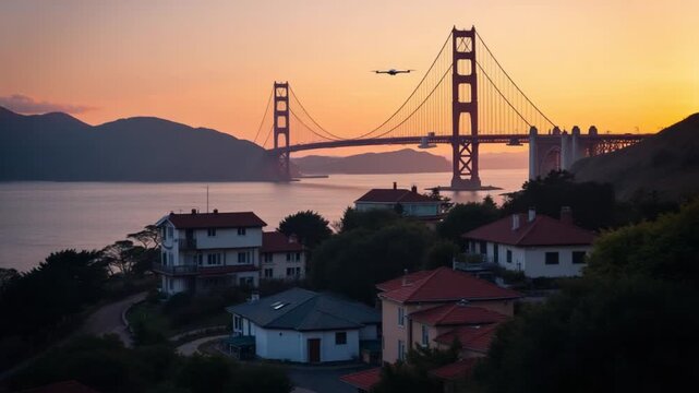 Drone flight between houses overlooking the Golden Bridge in the evening
