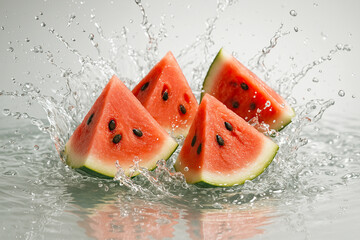 Juicy watermelon slices splashing in water. Fresh red fruit with black seeds in dynamic studio shot, isolated on light background. Perfect for summer, drinks, health and advertising.