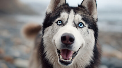 Fototapeta premium Happy Siberian husky with striking blue eyes, standing on rocky beach. dog exudes joy and playfulness, showcasing its thick fur and friendly demeanor