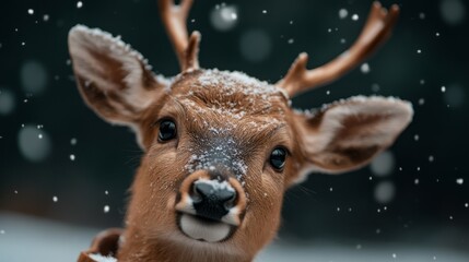 Close-Up Portrait of a Young Deer with Snowflakes in Winter Wonderland Background