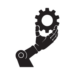 Robotic arm silhouette holding gear symbolizing technology and industry