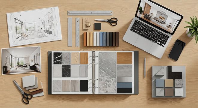 Interior Design Desk Architect Workspace Material Samples Copy Space